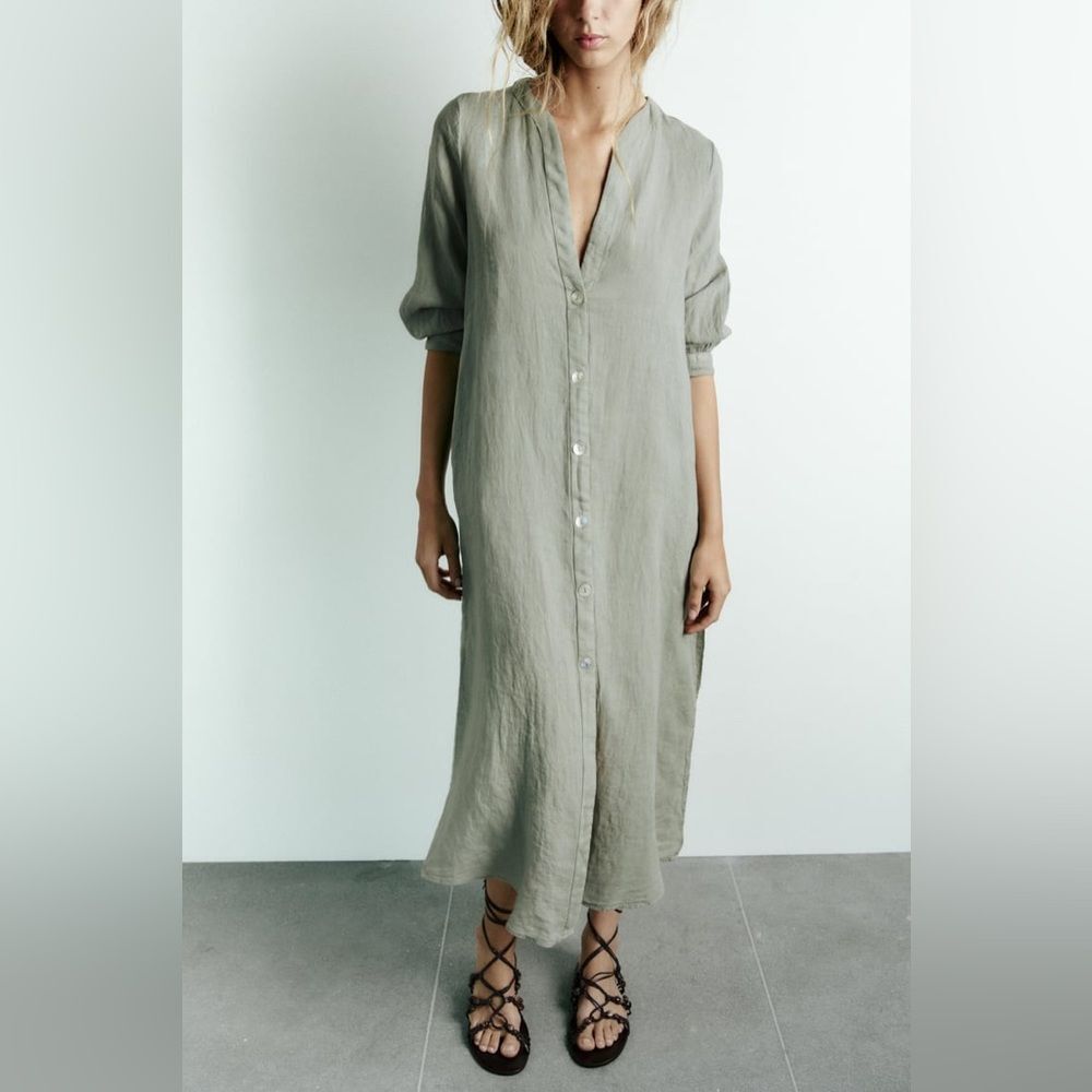 Zara 100% Linen Dress Pockets Khaki - Picture 2 of 11